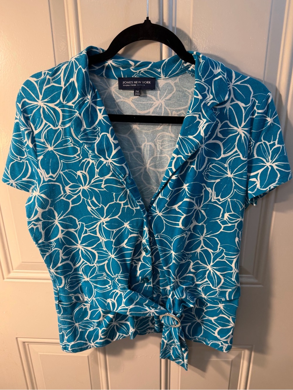 Jones New York Teal White Floral Button-Front Tie Top